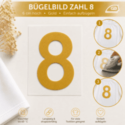 Bügelbild Zahl 8 Gold 6cm