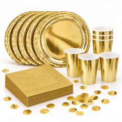 Tischdeko Gold für 6 Personen mit Tellern, Bechern & Servietten