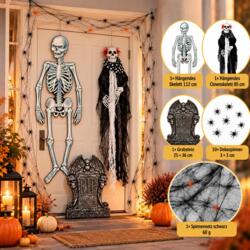 Set de déco effrayante Halloween – squelettes, pierre tombale, toile d’araignée & araignées